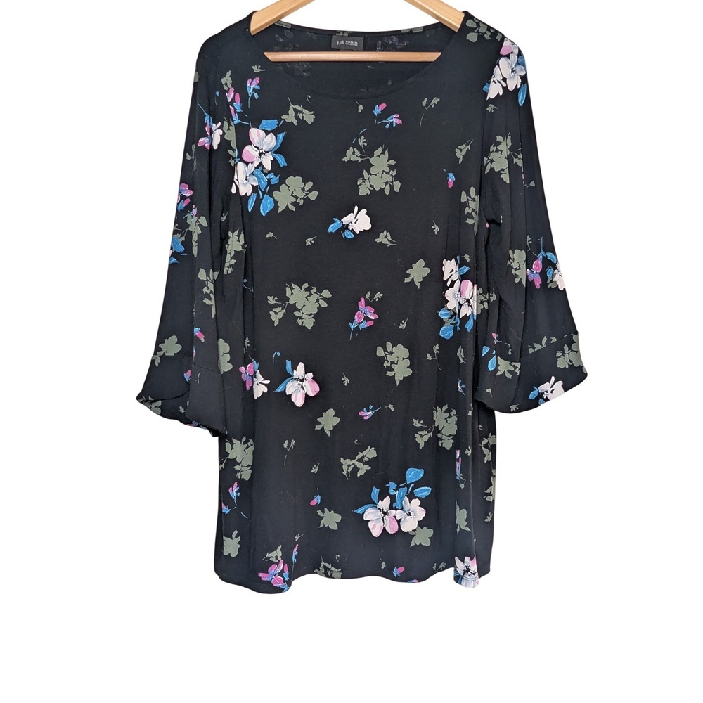 J. Jill Wearever Floral Tunic Top Black Pink Blue Flounce Sleeve Large Petite